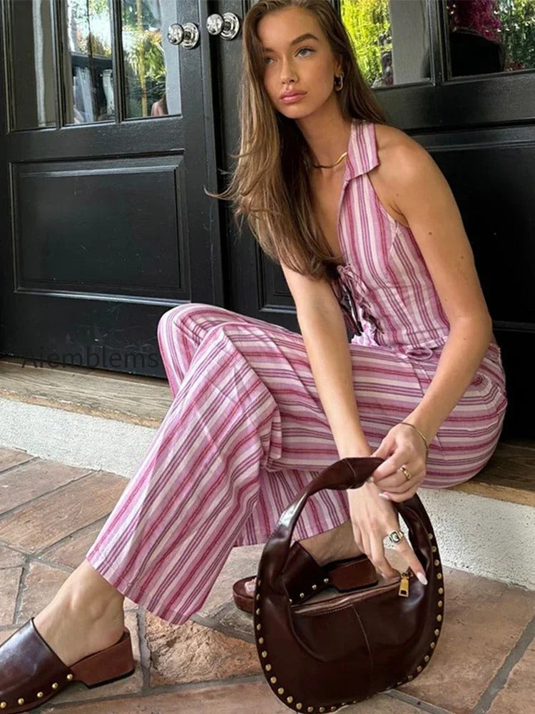 striped-lace-up-backless-two-piece-pants-set