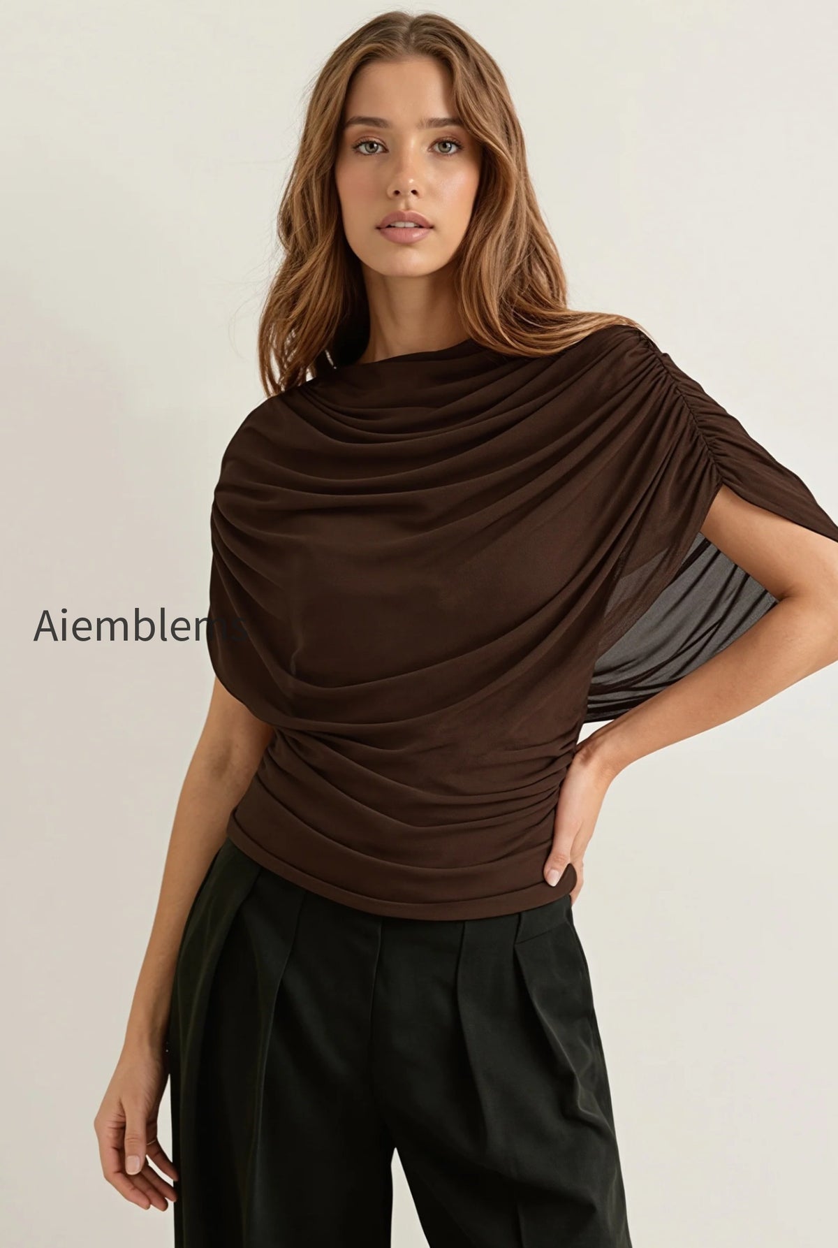 solid-sheer-ruffle-scarf-neck-blouse