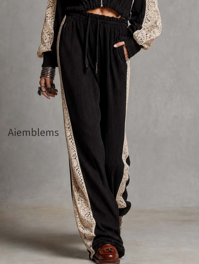 zip-up-collar-cropped-ribbed-jacket-with-lace-patch-sleeve-drawstring-waist-ribbed-wide-leg-pants-two-piece-set