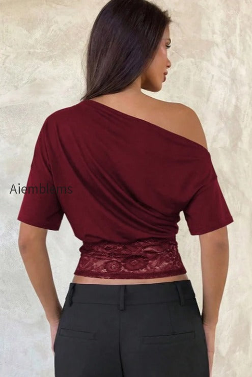 asymmetric-off-shoulder-lace-waist-slim-crop-t-shirt