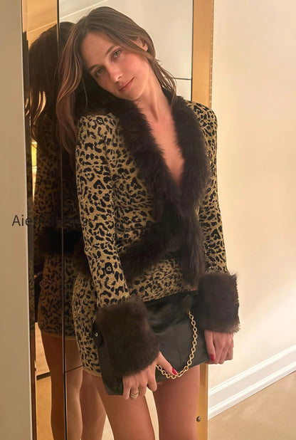 leopard-print-shiny-fur-collar-patchwork-two-piece-set
