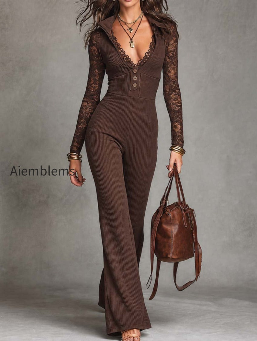 elegant-v-neck-lace-sleeve-ribbed-knit-flare-jumpsuit