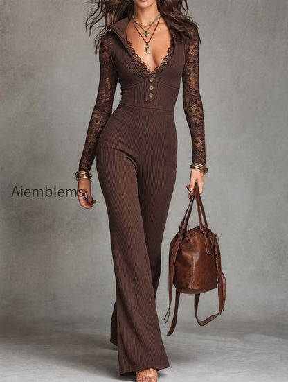elegant-v-neck-lace-sleeve-ribbed-knit-flare-jumpsuit