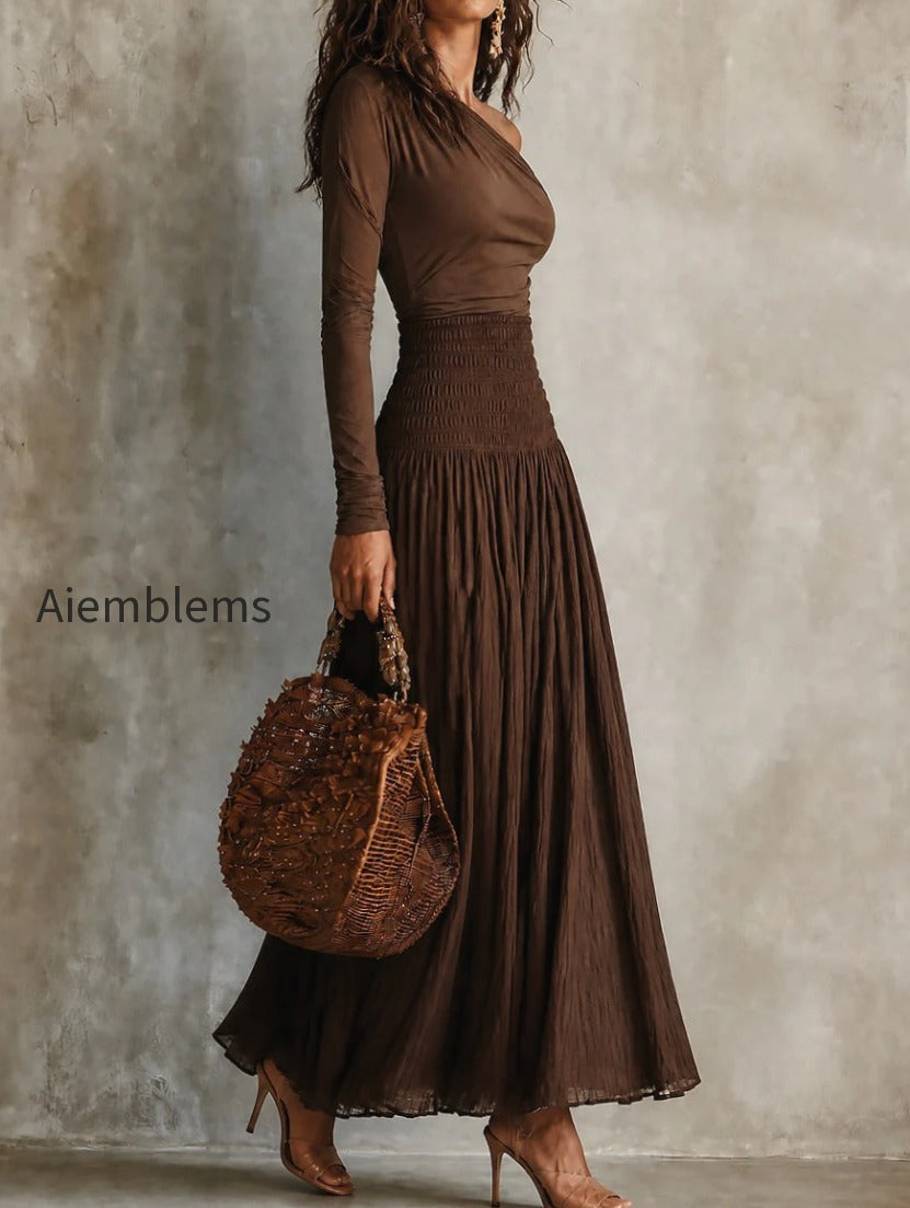 boho-one-shoulder-long-sleeve-t-shirt-smocked-waist-skirt-set