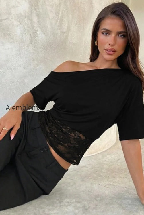 asymmetric-off-shoulder-lace-waist-slim-crop-t-shirt