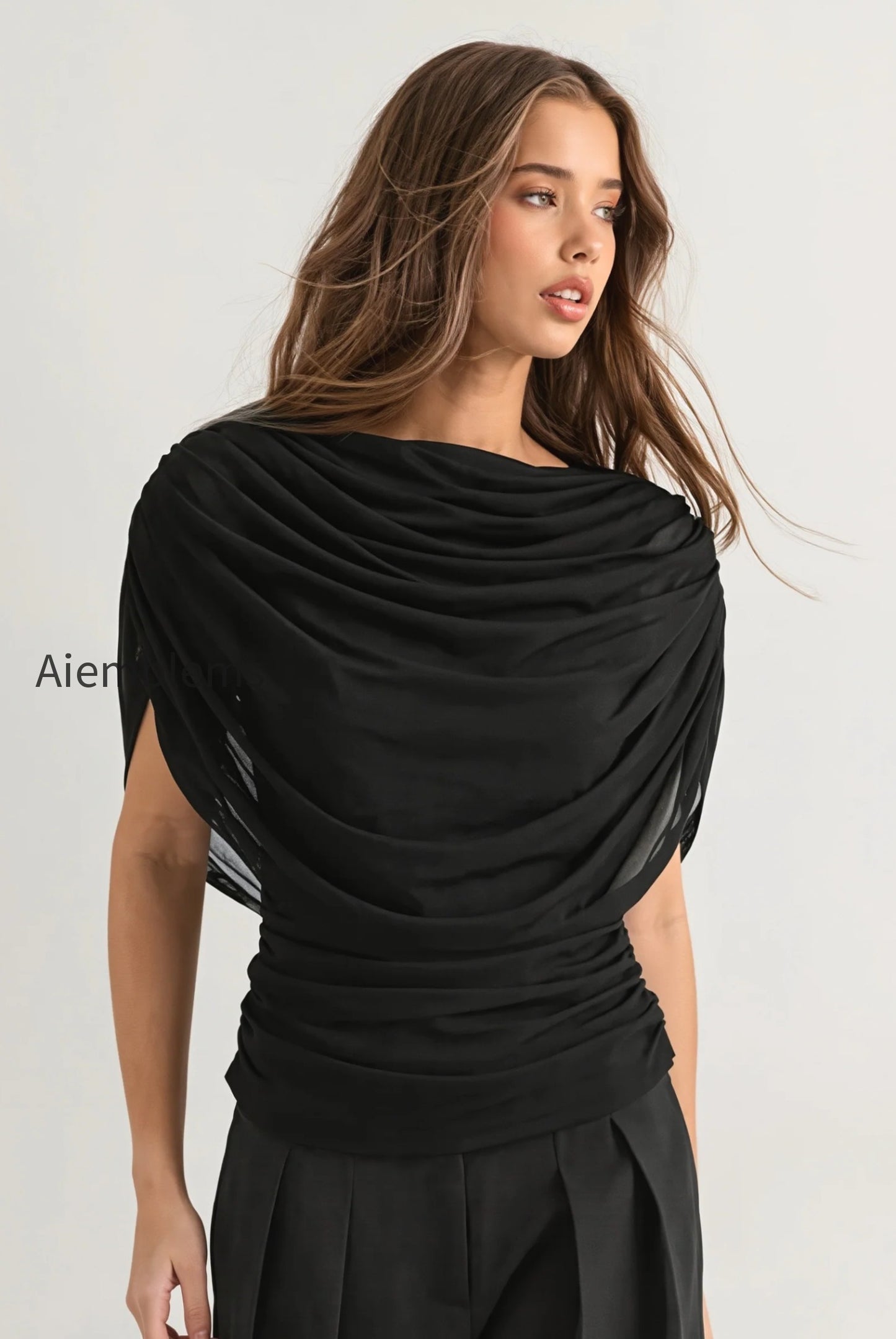 solid-sheer-ruffle-scarf-neck-blouse