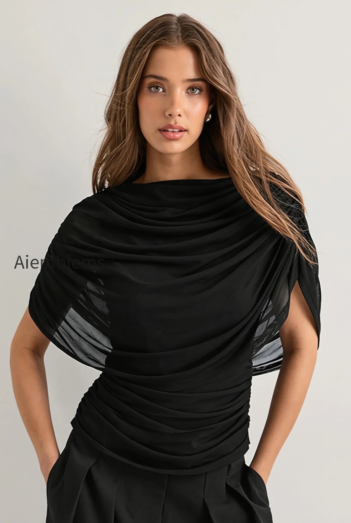 solid-sheer-ruffle-scarf-neck-blouse