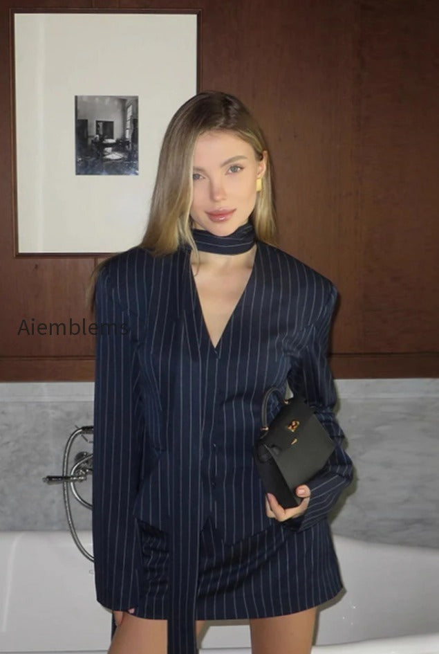 v-neck-striped-fitted-blazer-skirt-two-piece-set