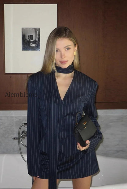 v-neck-striped-fitted-blazer-skirt-two-piece-set
