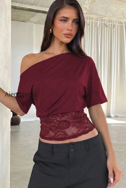 asymmetric-off-shoulder-lace-waist-slim-crop-t-shirt
