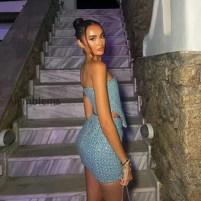 blue-sequined-denim-strapless-mini-two-piece-skirt-set