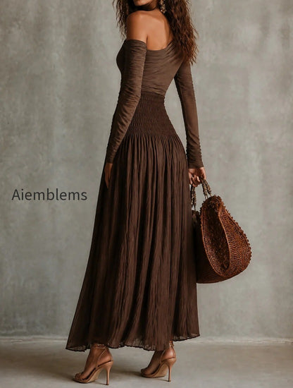 boho-one-shoulder-long-sleeve-t-shirt-smocked-waist-skirt-set