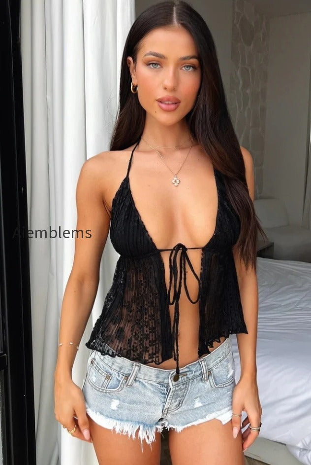 sexy-tie-ruched-mesh-pleated-halter-top