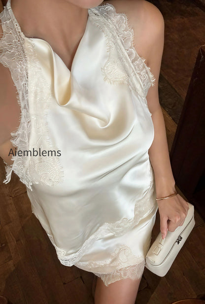 lace-sleeveless-draped-collar-halter-two-piece-set