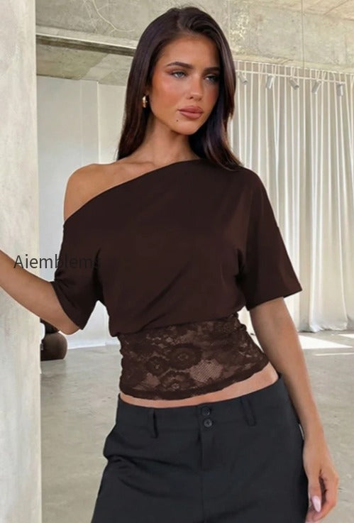 asymmetric-off-shoulder-lace-waist-slim-crop-t-shirt
