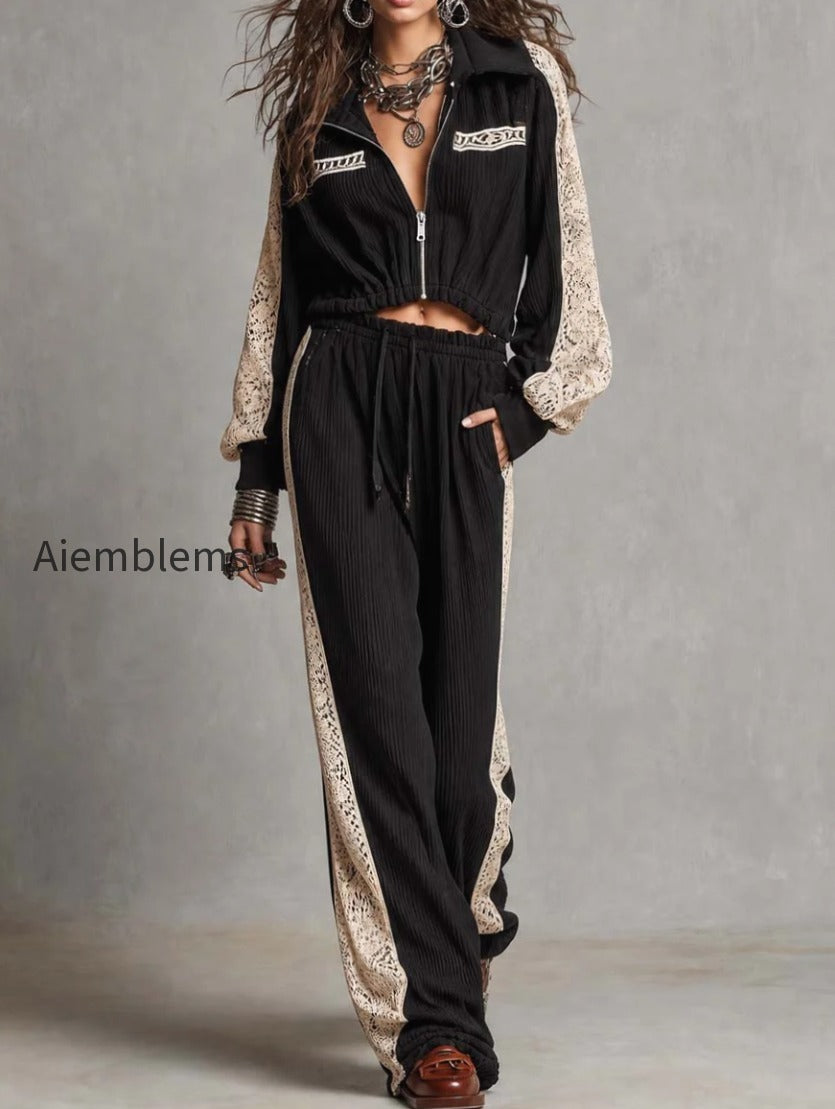 zip-up-collar-cropped-ribbed-jacket-with-lace-patch-sleeve-drawstring-waist-ribbed-wide-leg-pants-two-piece-set