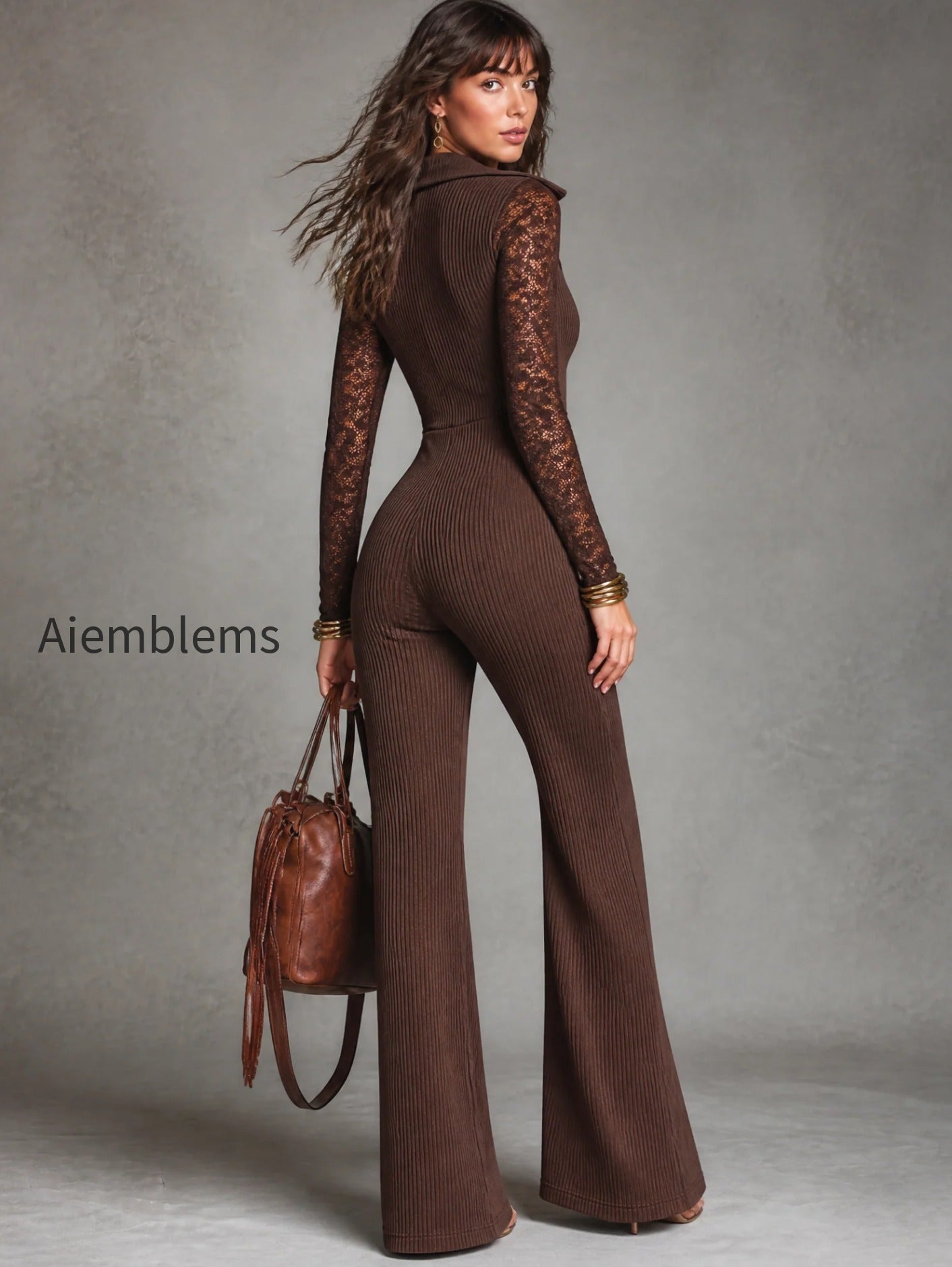 elegant-v-neck-lace-sleeve-ribbed-knit-flare-jumpsuit