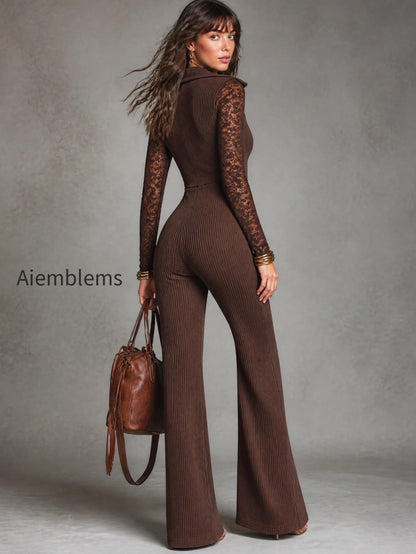 elegant-v-neck-lace-sleeve-ribbed-knit-flare-jumpsuit
