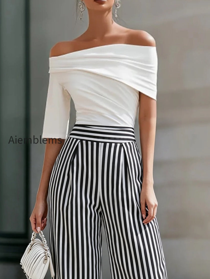 off-shoulder-draped-top-and-striped-wide-leg-pants-set