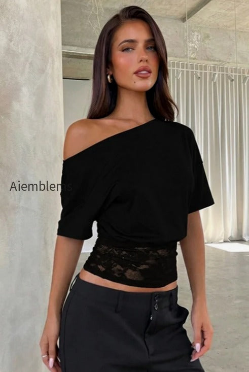 asymmetric-off-shoulder-lace-waist-slim-crop-t-shirt