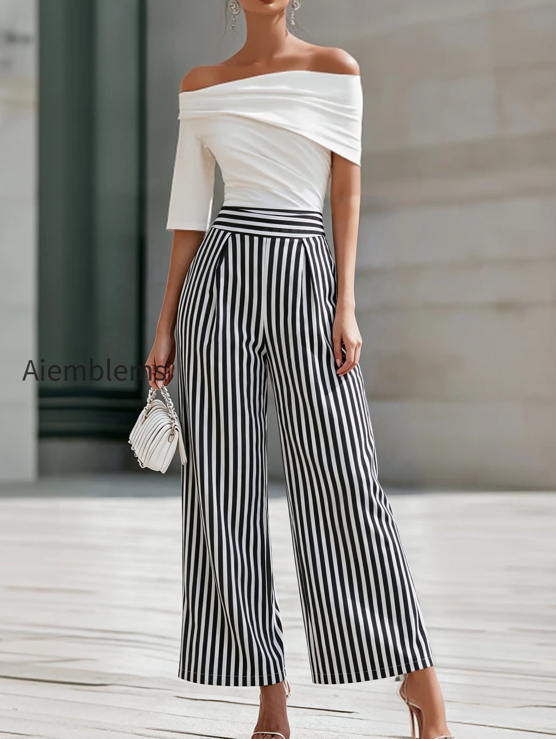 off-shoulder-draped-top-and-striped-wide-leg-pants-set