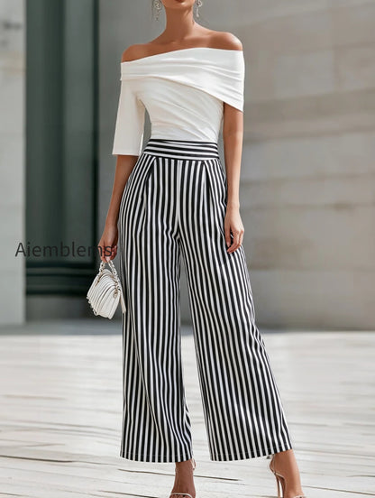 off-shoulder-draped-top-and-striped-wide-leg-pants-set