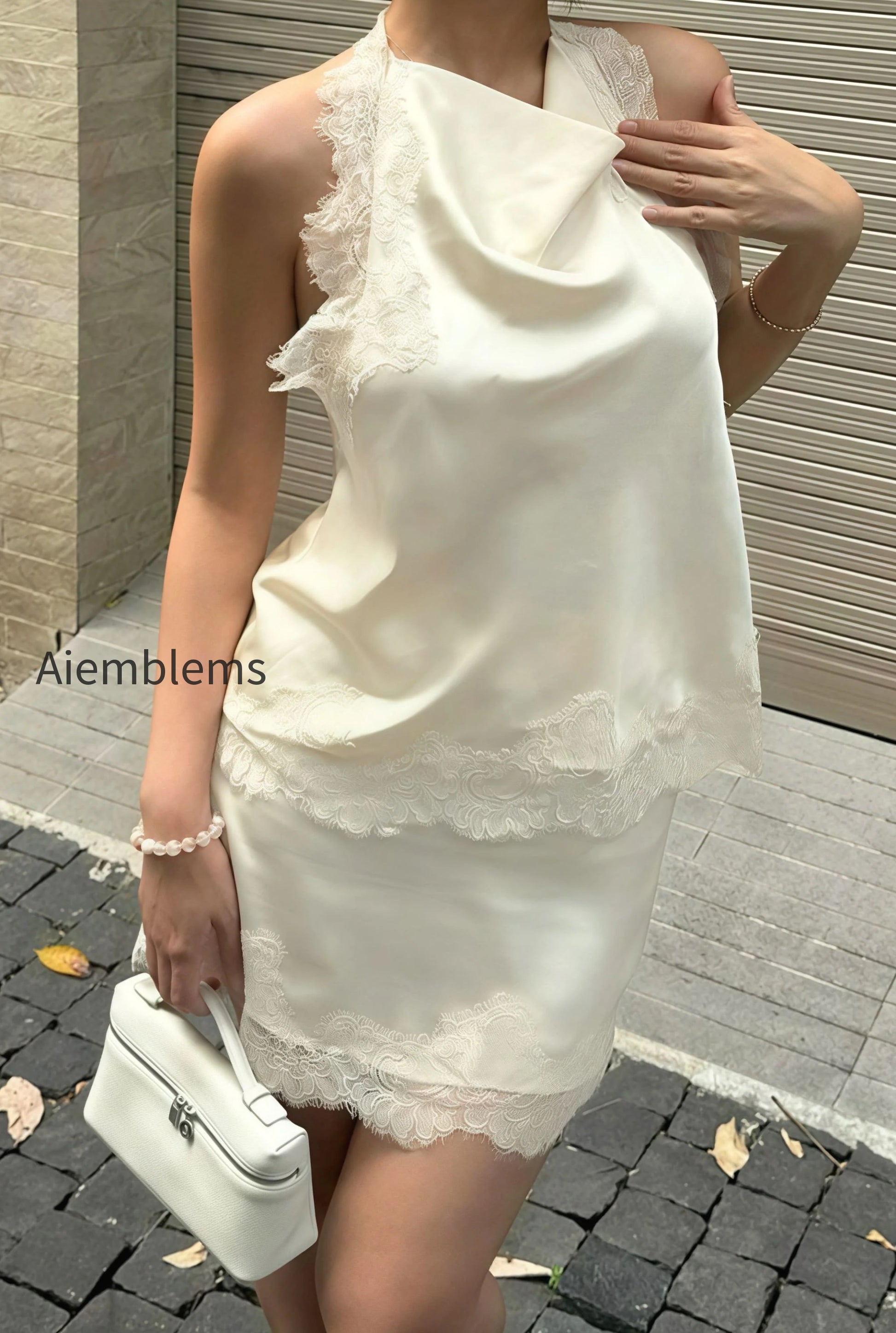 lace-sleeveless-draped-collar-halter-two-piece-set