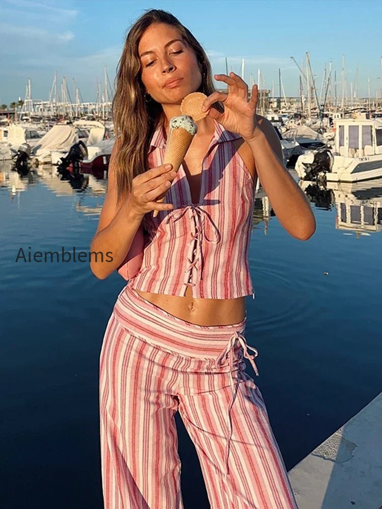 striped-lace-up-backless-two-piece-pants-set