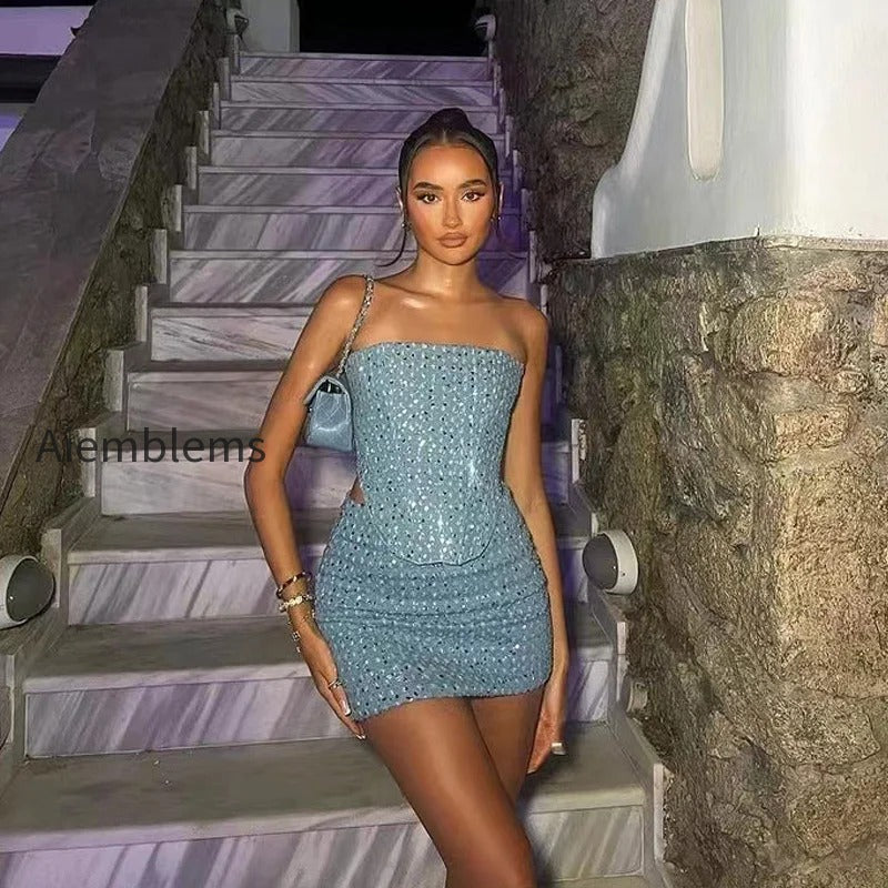 blue-sequined-denim-strapless-mini-two-piece-skirt-set