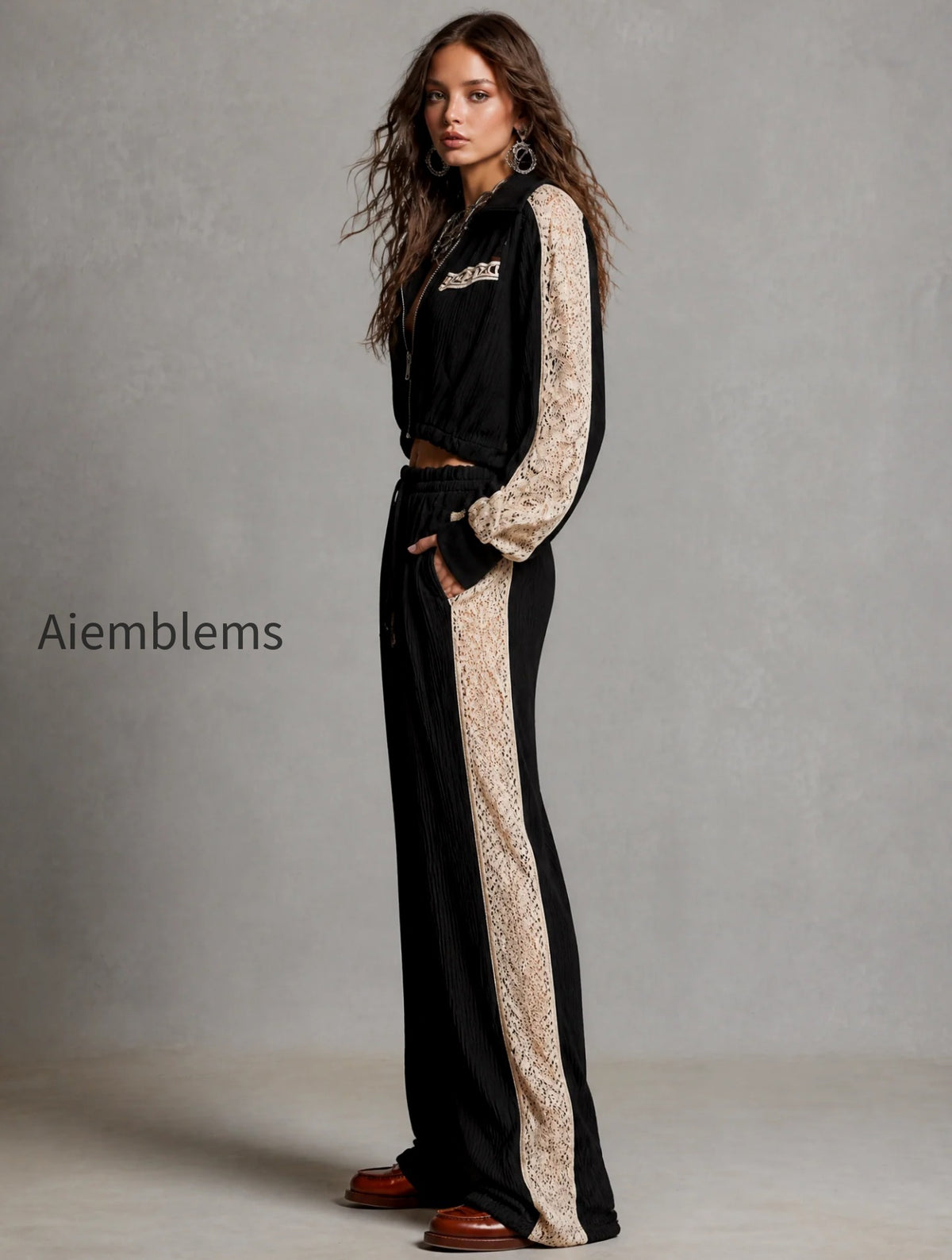 zip-up-collar-cropped-ribbed-jacket-with-lace-patch-sleeve-drawstring-waist-ribbed-wide-leg-pants-two-piece-set