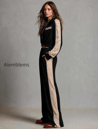 zip-up-collar-cropped-ribbed-jacket-with-lace-patch-sleeve-drawstring-waist-ribbed-wide-leg-pants-two-piece-set