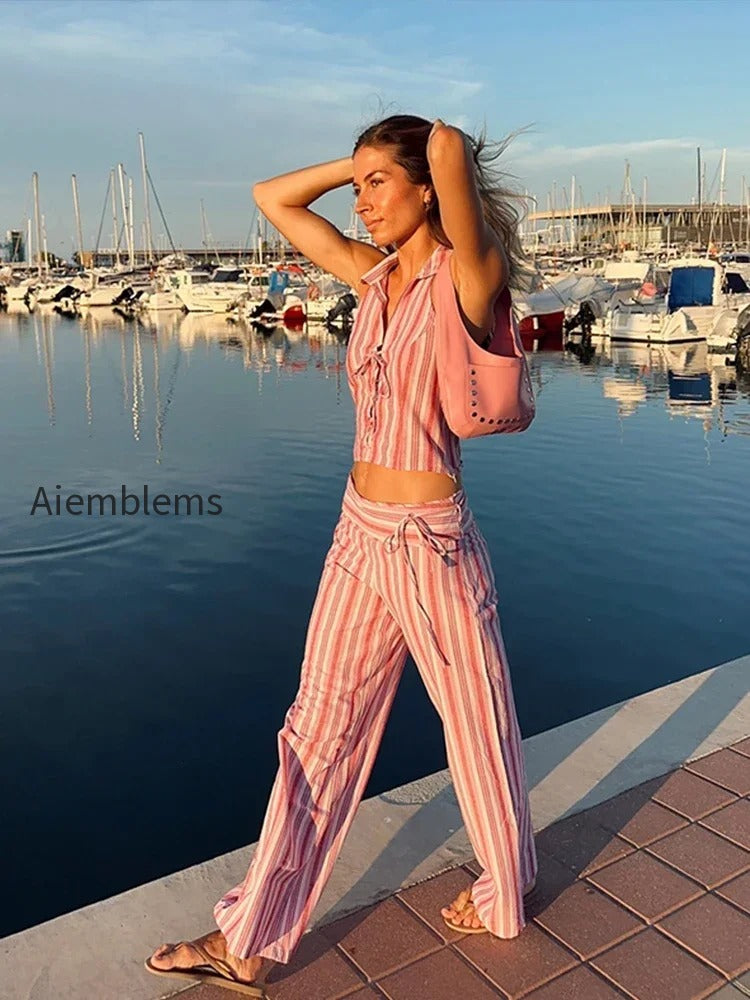 striped-lace-up-backless-two-piece-pants-set
