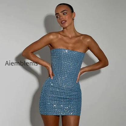 blue-sequined-denim-strapless-mini-two-piece-skirt-set