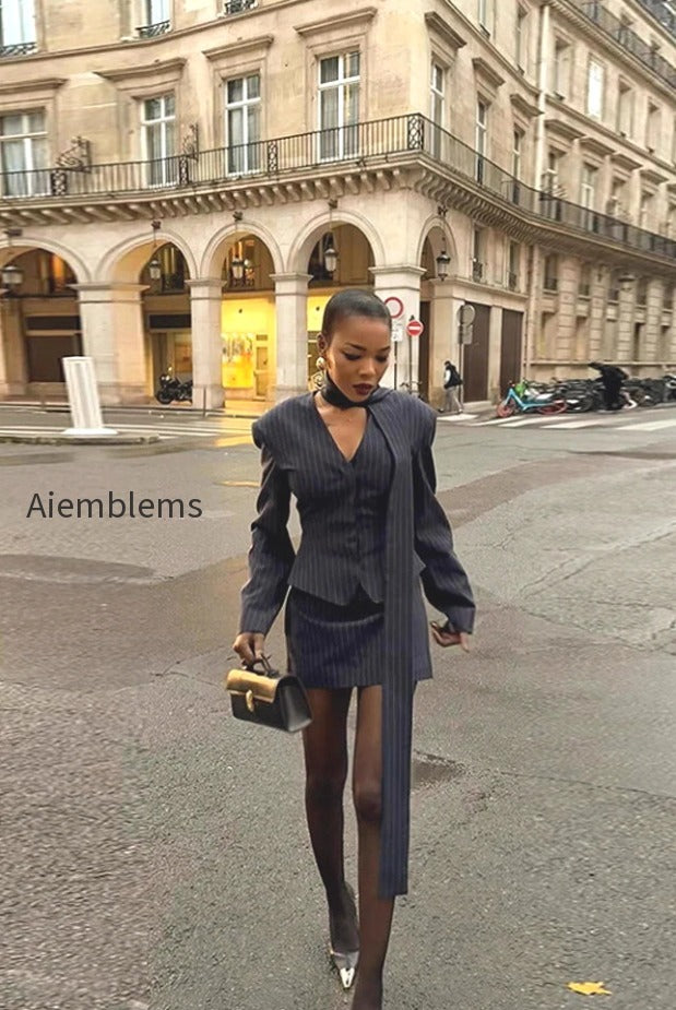v-neck-striped-fitted-blazer-skirt-two-piece-set
