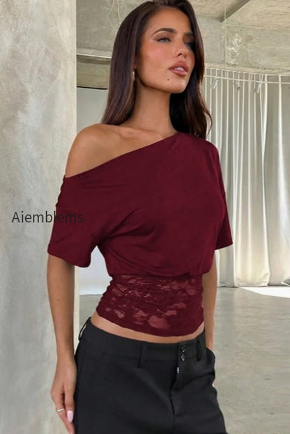 asymmetric-off-shoulder-lace-waist-slim-crop-t-shirt