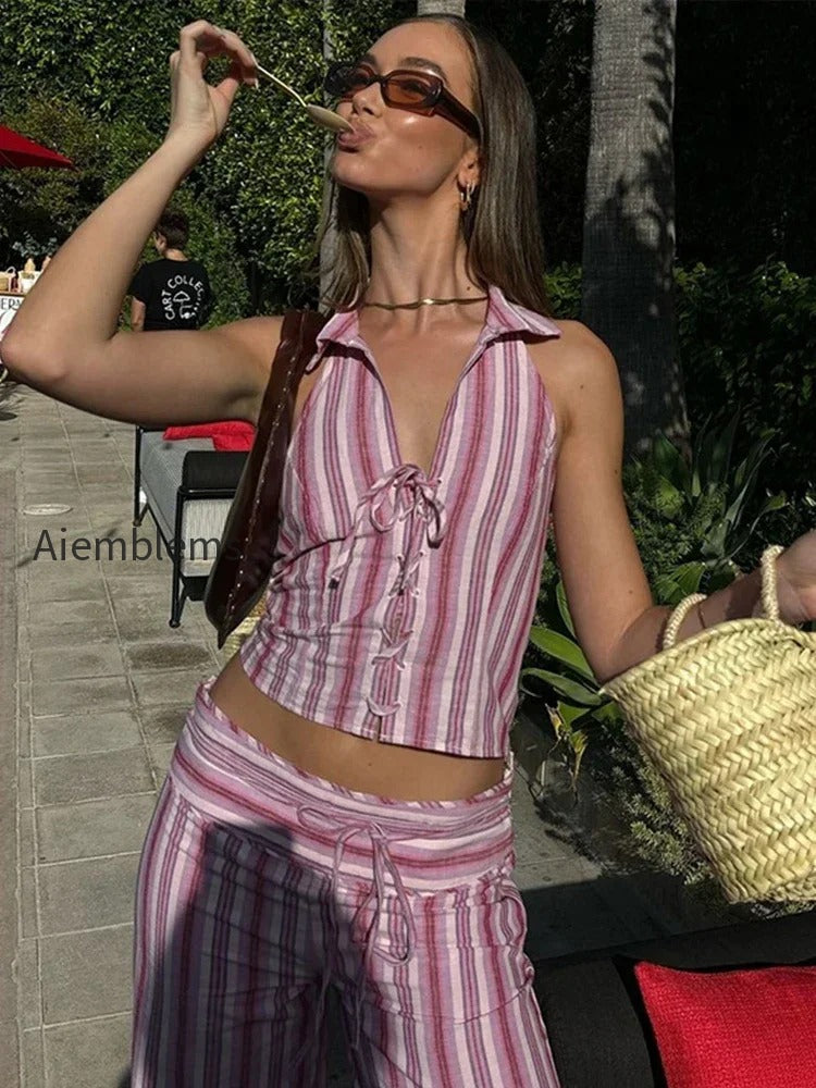 striped-lace-up-backless-two-piece-pants-set