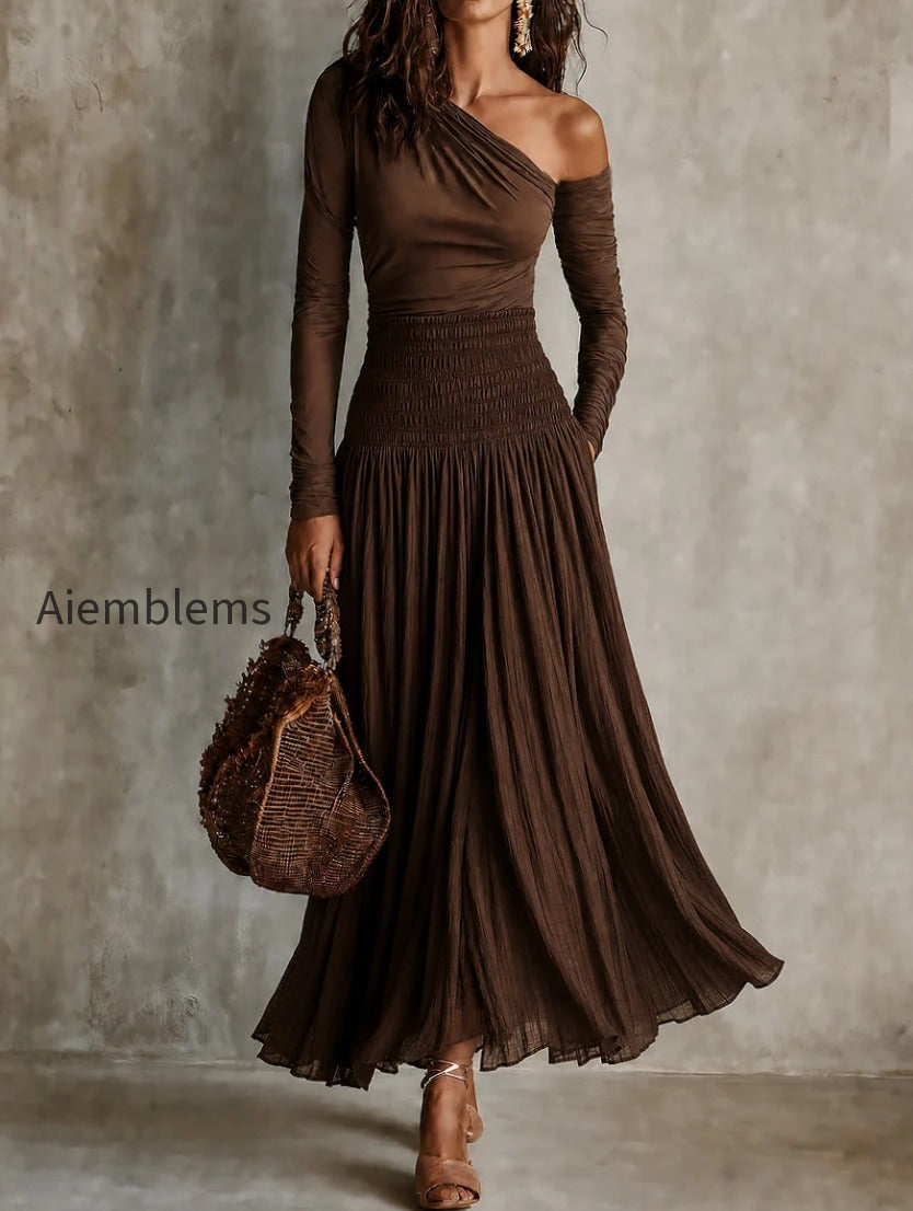 boho-one-shoulder-long-sleeve-t-shirt-smocked-waist-skirt-set