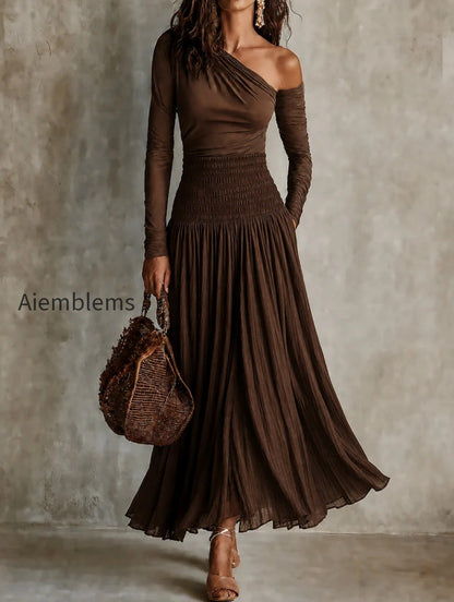 boho-one-shoulder-long-sleeve-t-shirt-smocked-waist-skirt-set