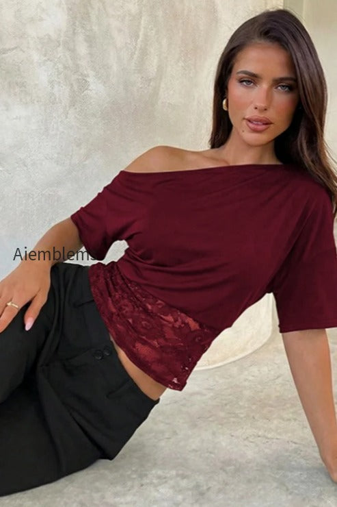 asymmetric-off-shoulder-lace-waist-slim-crop-t-shirt