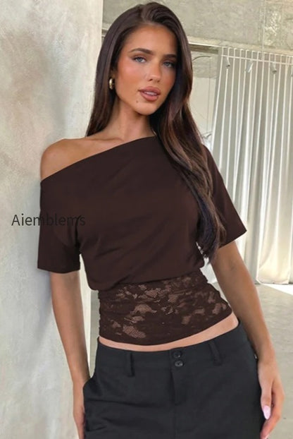 asymmetric-off-shoulder-lace-waist-slim-crop-t-shirt