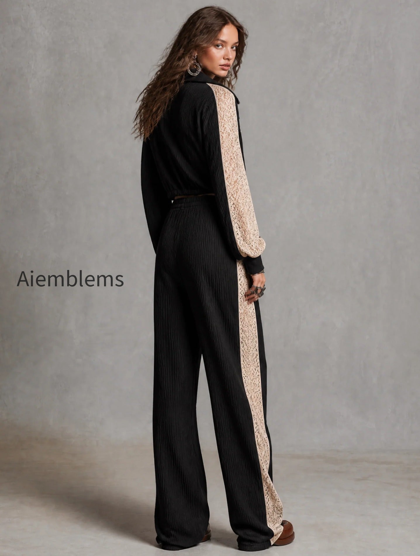 zip-up-collar-cropped-ribbed-jacket-with-lace-patch-sleeve-drawstring-waist-ribbed-wide-leg-pants-two-piece-set