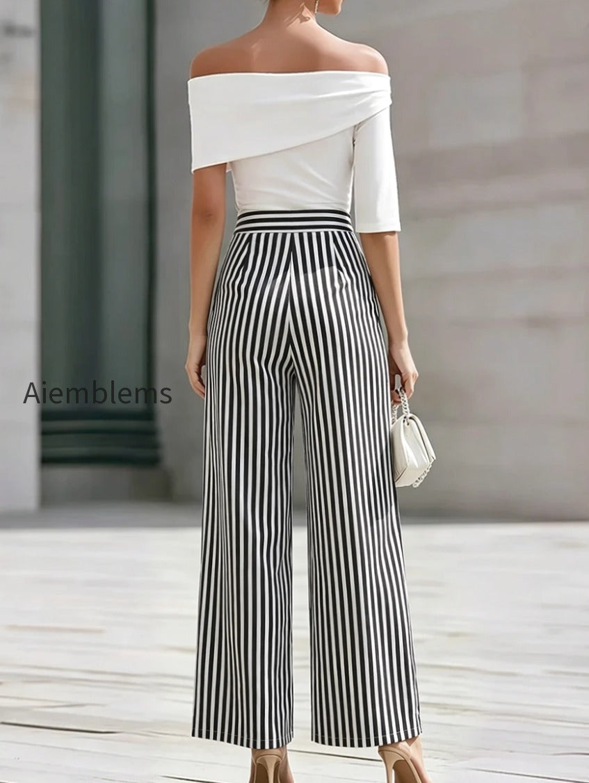 off-shoulder-draped-top-and-striped-wide-leg-pants-set