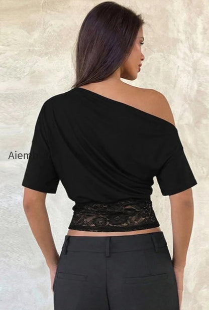 asymmetric-off-shoulder-lace-waist-slim-crop-t-shirt