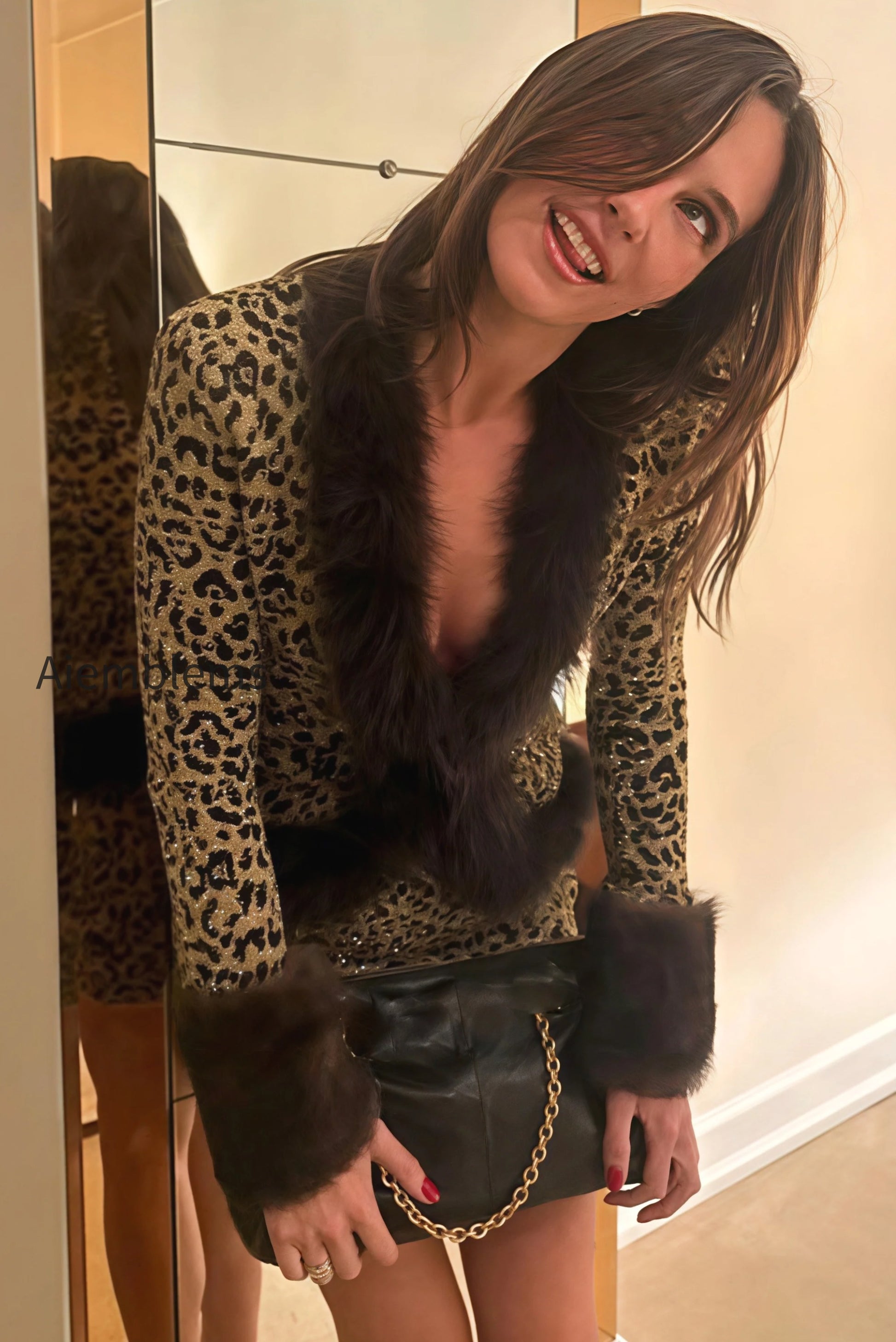 leopard-print-shiny-fur-collar-patchwork-two-piece-set